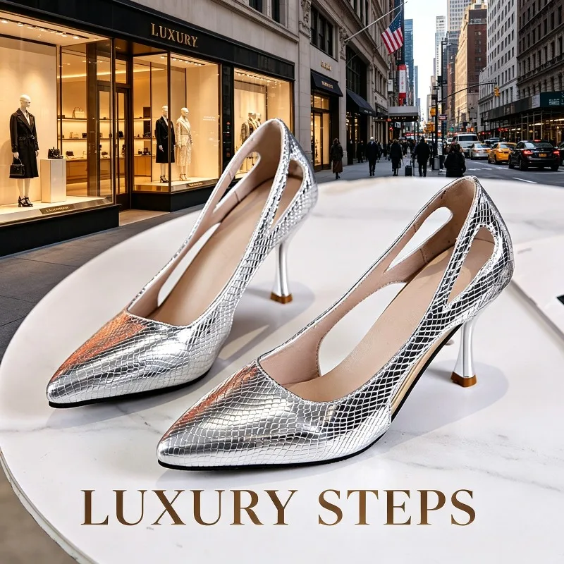 

Large Size Women's Pumps Sexy Pointed Toe Hollow Out High Heels Gold Silver Snake Skin Leather Women Office Party Wedding Shoes
