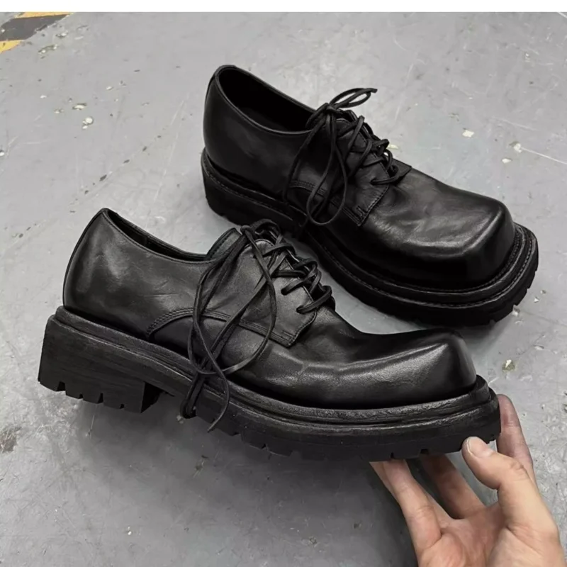 Square Toe Retro Leather Shoes Men's and Women's Washed and Worn Height Increasing Big Toe Derby Shoes Couple's Upturned Loafers