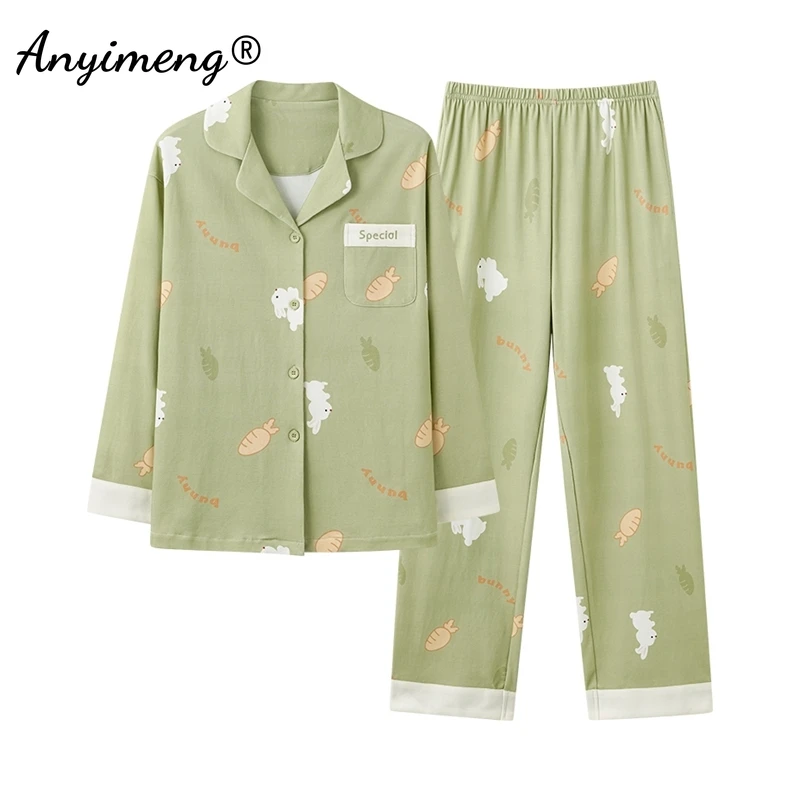 Cute Rabbit Print Pajama Autumn Winter Women Cotton Pajamas Long Sleeves Sleepwear Woman Cardigan Pijamas Lapel Japanese Pyjamas