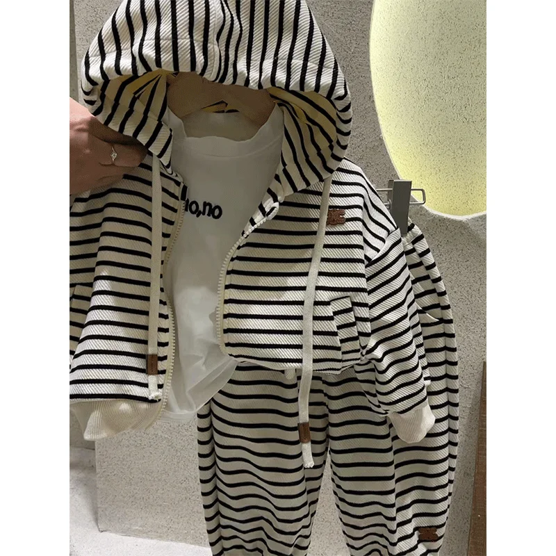 

Girls' Suit Spring and Autumn Children Casual Fashion Striped Hoodie Coat Baby Sports Two-Piece Suit