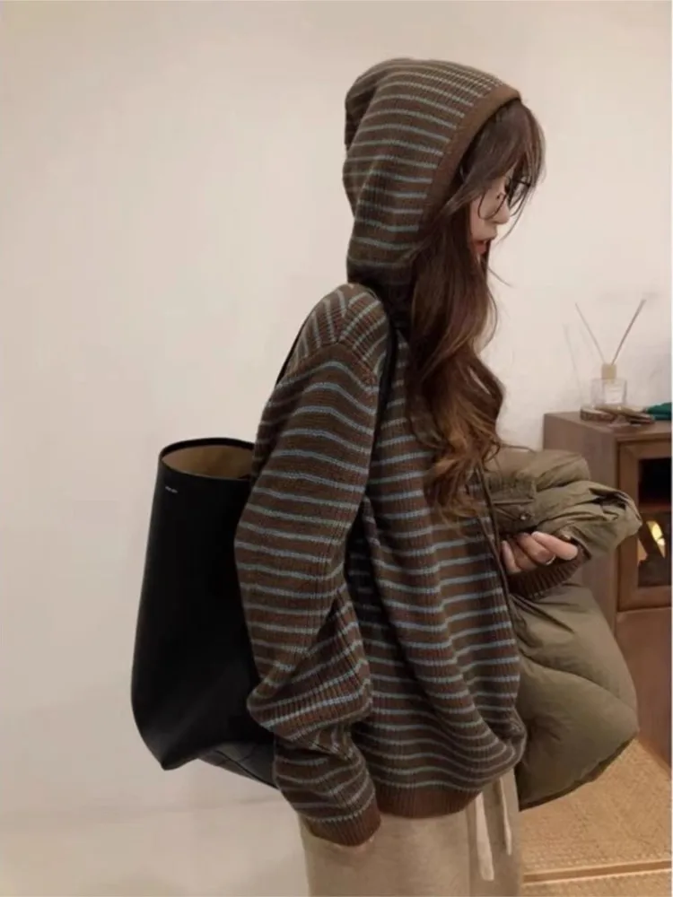 

2025 Casual Sweater Commuting Pulls Femmes Loose Simple Style Striped All-match Fashion Hoodies Knitted Woman Clothing Homewear