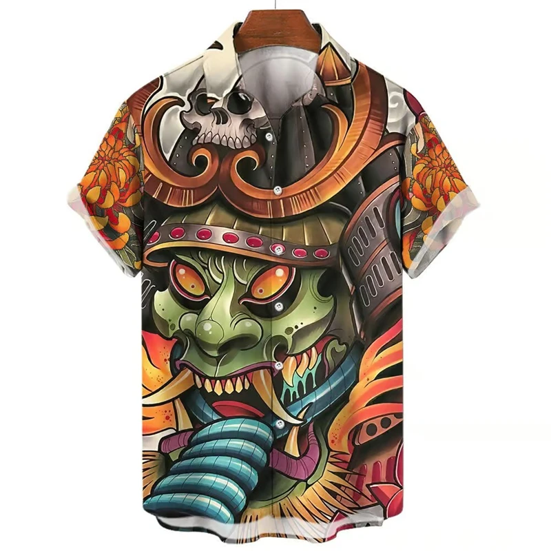 Vintage Shirt For Men Samurai Print Short Sleeve Male Camisa Lapel Buttons Female Clothing Casual Fashion Tops Oversized Blouses