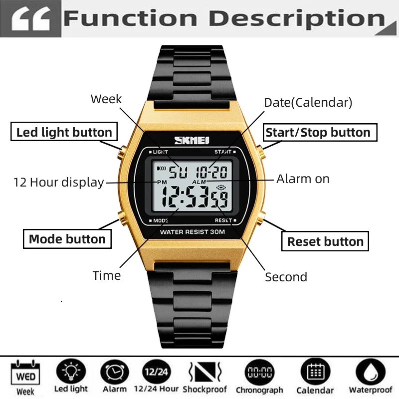 Skmei Unisex Digital Sport\'s Watches Stainless Steel Strap Led Waterproof 12/24 Hour Format Electronic Alarm Clock