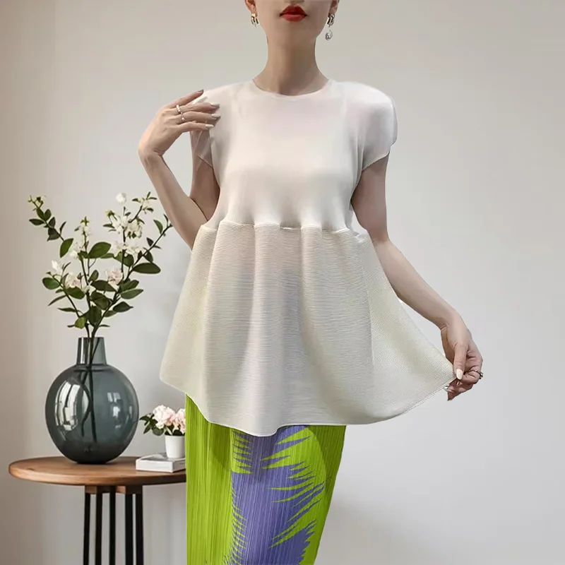 

Miyake 2023, весенне-летняя футболка, плиссированные однотонные топы, женская нишевая дизайнерская прессованная одежда, свободная повседневная женская одежда