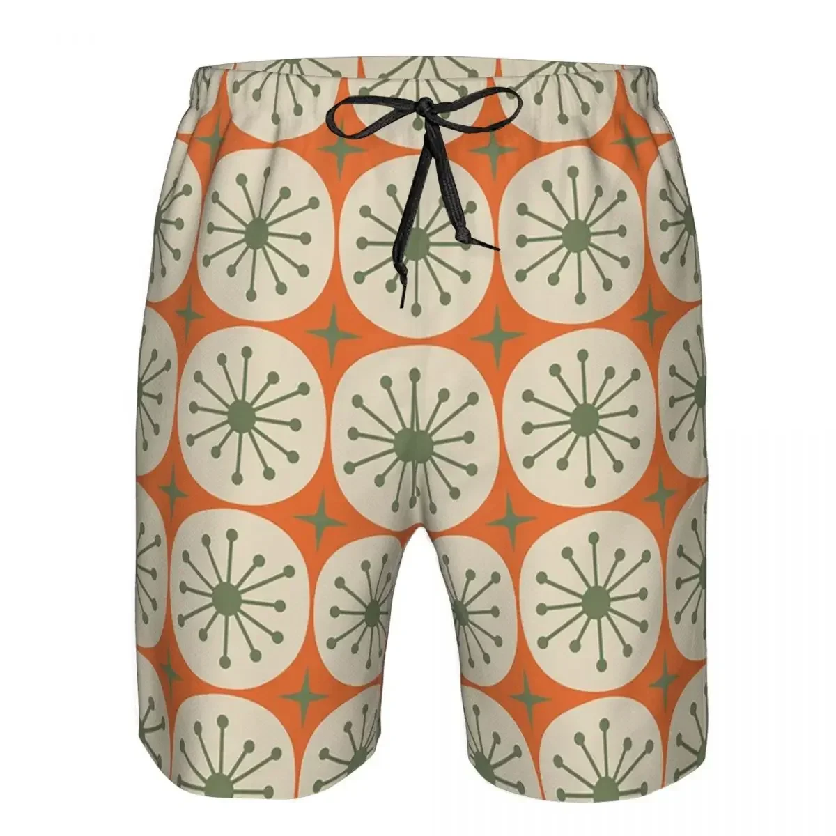 Mid Century Modern Atomic Dots And Stars Olive Green Beige Trunks Beach Board Shorts Casual Quick Dry Swimming Summer Men Pants