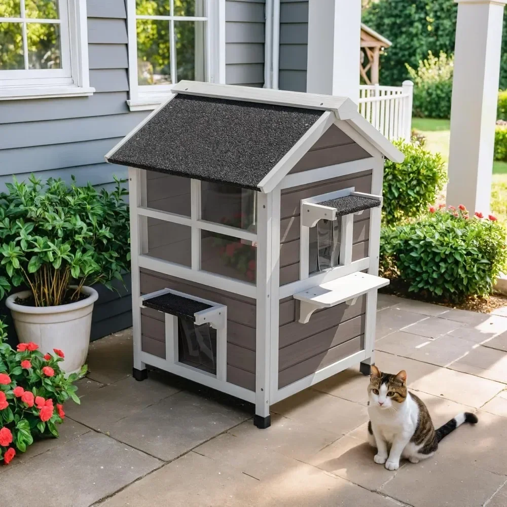 Outdoor 2-Story Cat House Weatherproof Shelter with Window Large Wooden Feral Cat Condo with Escape Door