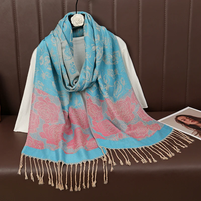 35*200cm Winter Warm Thick Ethnic Style Flower Jacquard Scarf Outdoor Women Travel Foulard Cashmere Tassel Shawl Wrap Pashmina