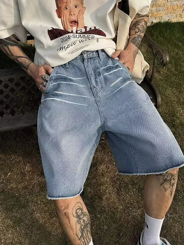 

Retro American Design Waed Blue Frayed Jeans orts Men Loose Straight Leg Wide Leg Five Parts Trendy Summer Casual
