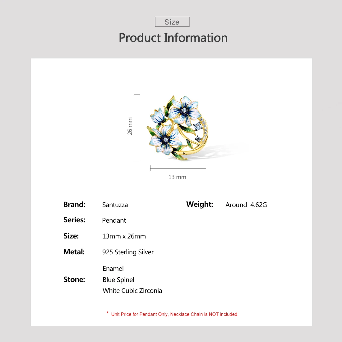 SANTUZZA Real 925 Sterling Silver Pendant for Women Sparkling Spinel Enamel Little Blue Flower Elegant Wedding Set Fine Jewelry