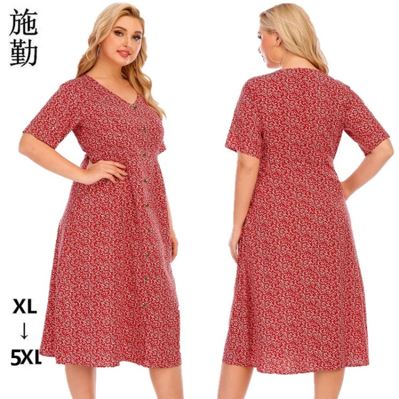 

2024 Summer New European and American plus Size Women's Clothes Pocket V Collar Printed Dress