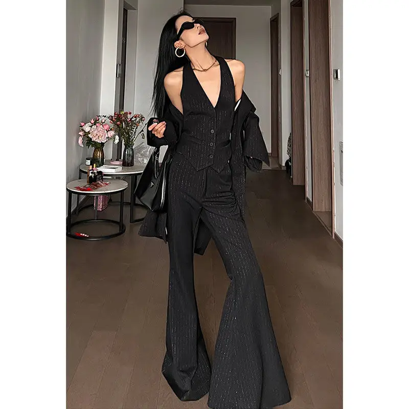 

Shpmishal Korean Fashion Temperament Vest Women Irregular Striped High-end Suit Jacket Slim Fit Flared Pants Three Piece Set