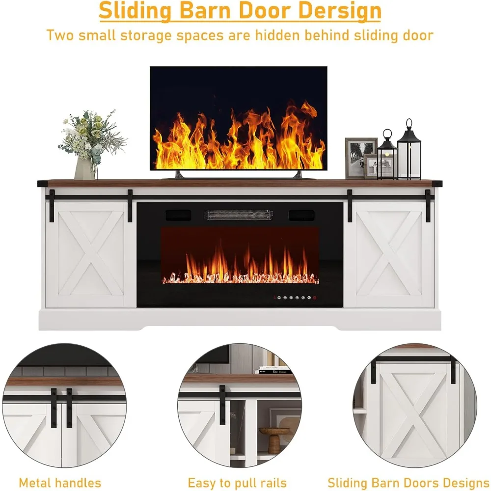 حامل تلفزيون مدفأة المزرعة لتلفزيون 70/75/80 بوصة، وخزائن تخزين مركزية ترفيهية 70 بوصة مع مدفأة كهربائية مقاس 36 بوصة و