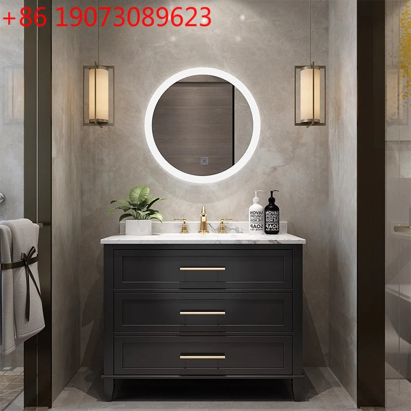 

Oak American medieval bathroom cabinet, ceramic integrated basin, floor-standing washbasin cabinet, bathroom washbasin