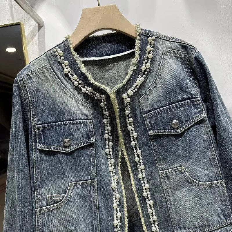 Perlen Denim Jacke Für Frauen Kurzen Mantel Frühling Herbst Mode Oansatz Raue-kanten Offenen Stich Tops Dame Streetwear Jean jacken