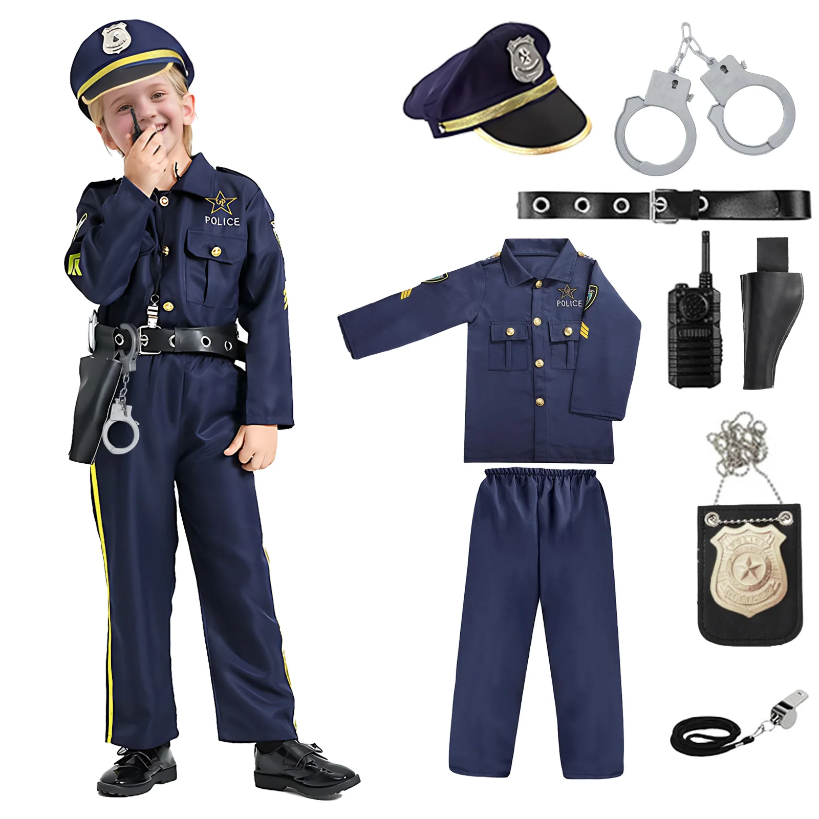 

Boys Girls Police Cosplay Costume Police Officer Uniform with Accessories Halloween Costume Cosplay Props Christmas Gifts