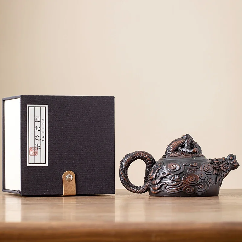 Jianshui Clay Purple Pottery Carving Dragon Teapot Hand Painted Antique Relief Teapot Household Teapot Kungfu Tea Set Kettle