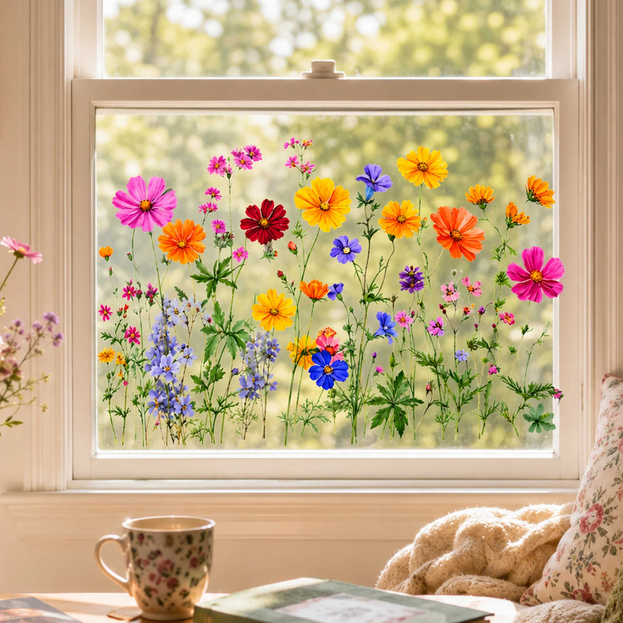 Colorful Wildflower Meadow Window Clings - Reusable Static Decals, No Residue,Floral Stickers for Kitchen Living Room Balcony