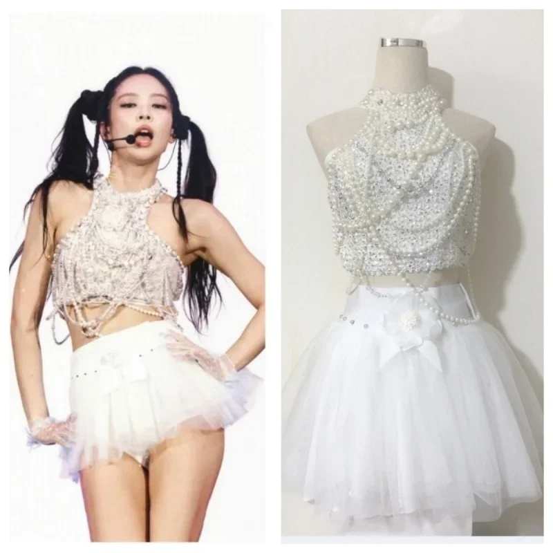 Kpop Girl Group Jennie Jazz Dance White Pearl Halter Vest Crop Tops Stage Costume Sexy Shaggy Mini Skirt Music Festival Outfits