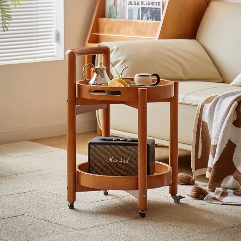 Solid Wood Storage Holders Fruit Cups Storage Racks Living Room Auxiliary Organizer Cart with Wheels Round Disassemble Tray