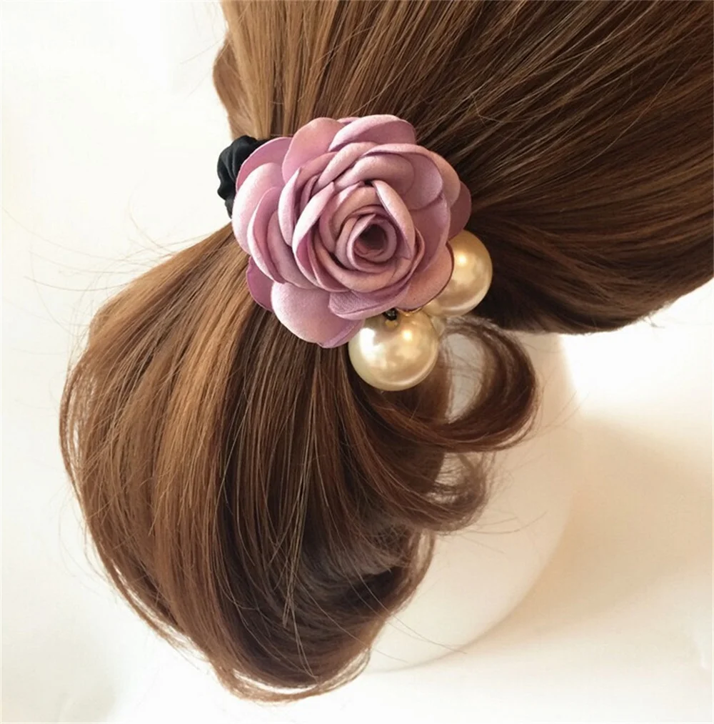 Fashion Big Imitate Pearl Rose Flower Hair Band for Women Girl Rhinestone Rope Ladies Rubber Ring Elastic Scrunchies Headwear