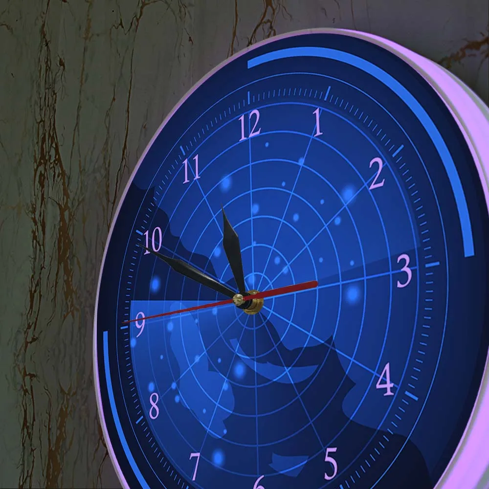 شاشة رادار زرقاء مع ساعة حائط خريطة رادار مع أهداف المنزل الفني النقطية من الجيش الجوي اغتيال ساعة الحائط الزخرفية