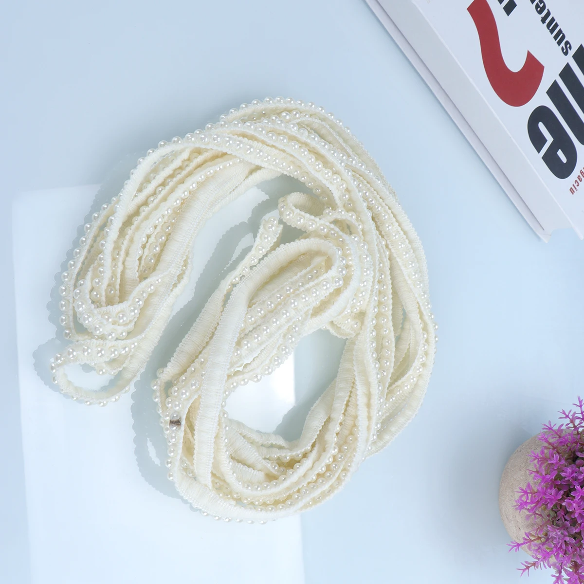 

1 Roll Pearl Lace Ribbon Fabric White 10 Yards DIY Pearl Lace Accessories for Dress Costume Hats Waist Skirts Pillows Curtains