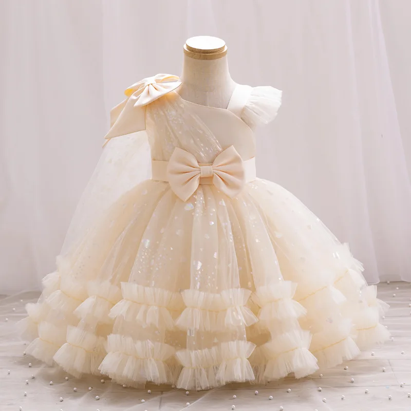 Girl\'s New Bow Star Print Sweet and Cute Mesh Princess Dress Wedding Flower Boy School Stage Drama Performance Dress