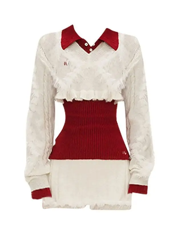 

Cisas Theme Spliced Knitted Sweater And White Strip Pants Set Women's Faion Autumn Winter New Sle High Waist Casual Wear