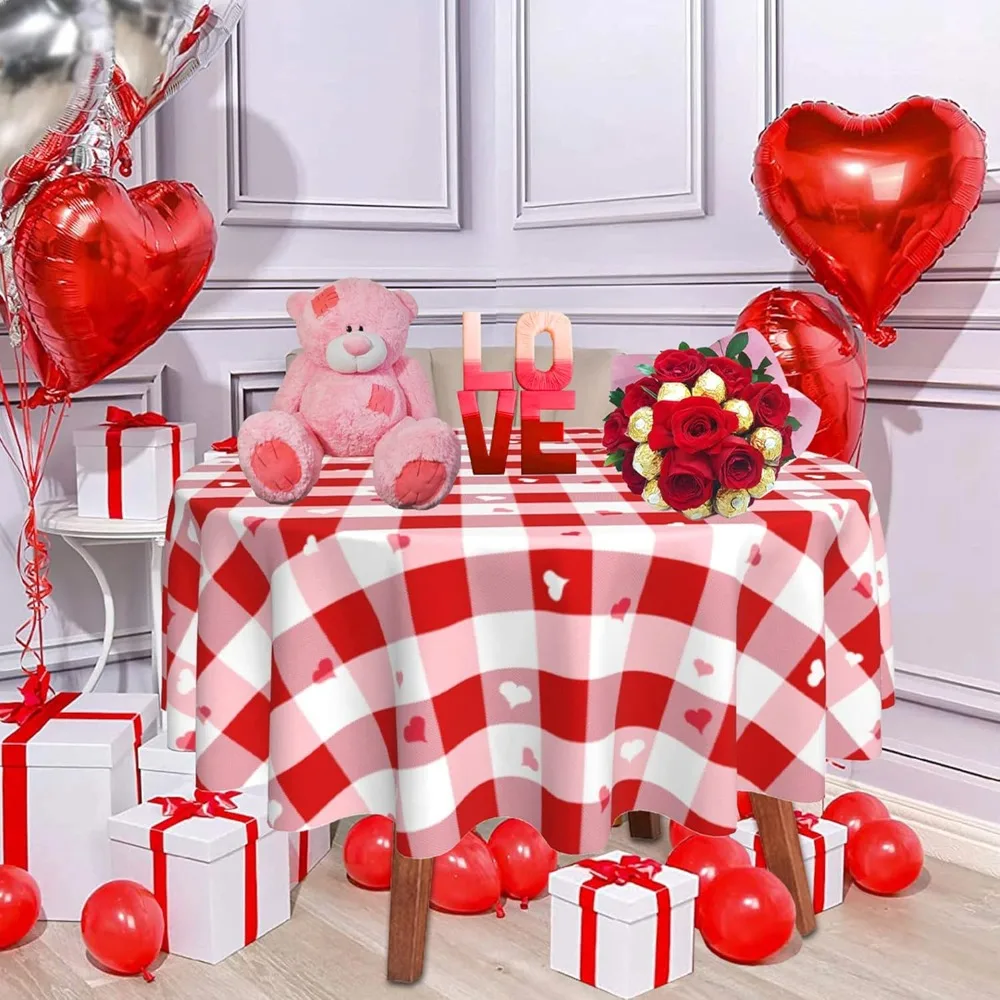 Valentine's Day Heart Buffalo Plaid Pink Red Round Tablecloth,for Kitchen Party Dinner Tabletop Decoration Table Cloths,59inch