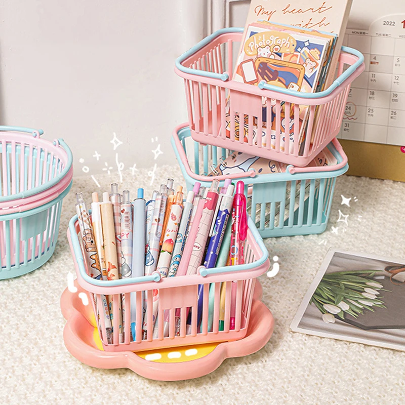 Cute Macaron Color Handheld Storage Basket Girl Heart Stationery Holders Desktop Organizer Pen Containers