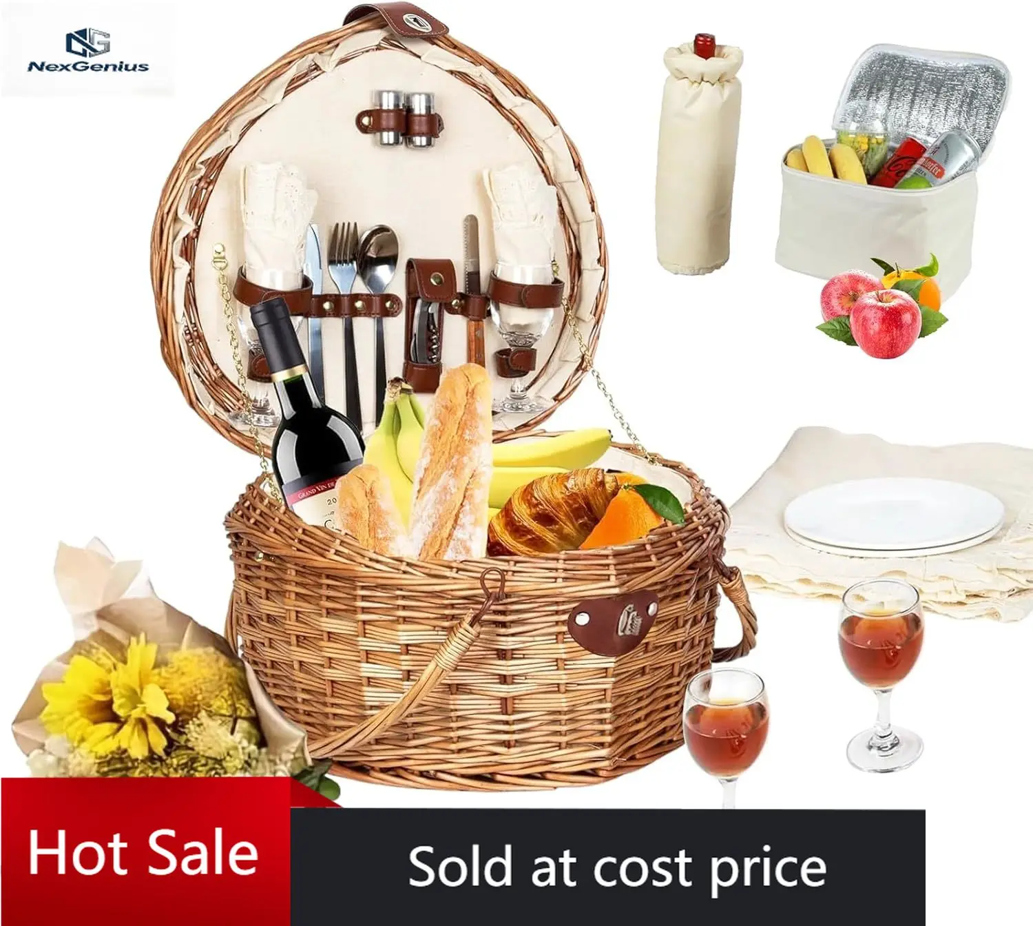 

Heart Shaped Picnic Basket Set 2 Person,Wicker Romantic Willow Woven Basket W/Tableware for Camping Indoor Outdoor Party,Couple