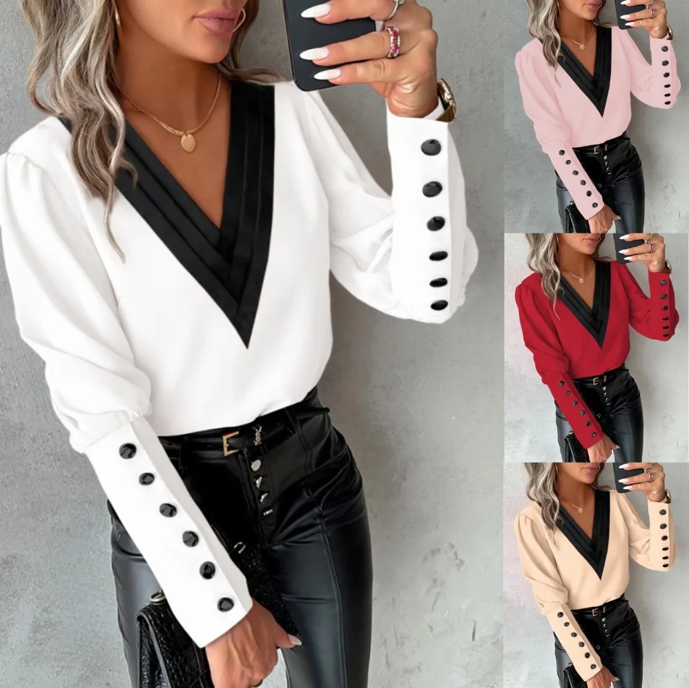 Fashion White Blouse Women 2024 Long Sleeve V Neck Casual Pullover Elegant Office Lady Patchwork Button Tops Shirts Blusas Femme