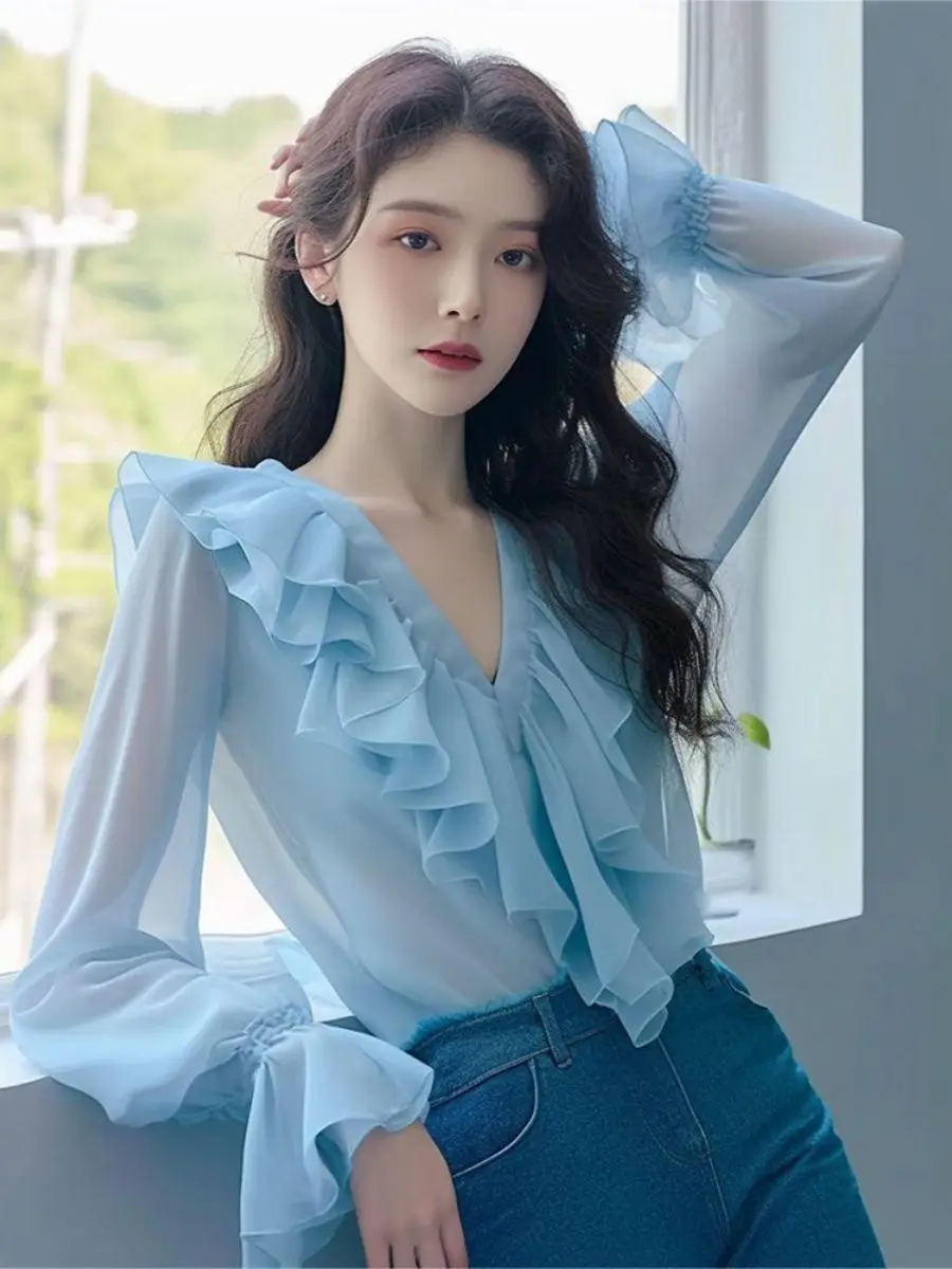 Gagarich Korean 2024 New Western Noble Shirts Unique Elegant Sunscreen Blue Women Spring Summer Blouse Top