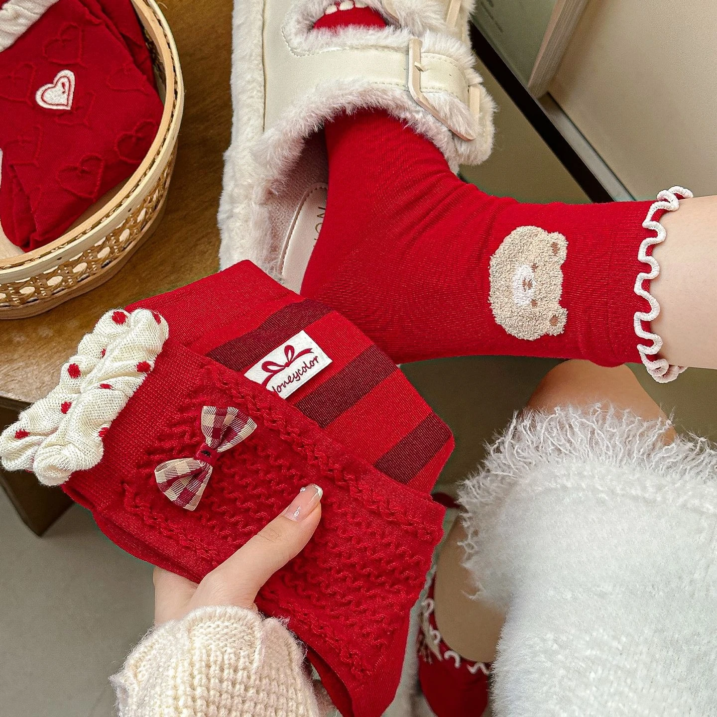 

Women New Year Gift Red Cotton Socks Autumn Winter Warm Middle Tubes with Embroidered Bows Pile Design