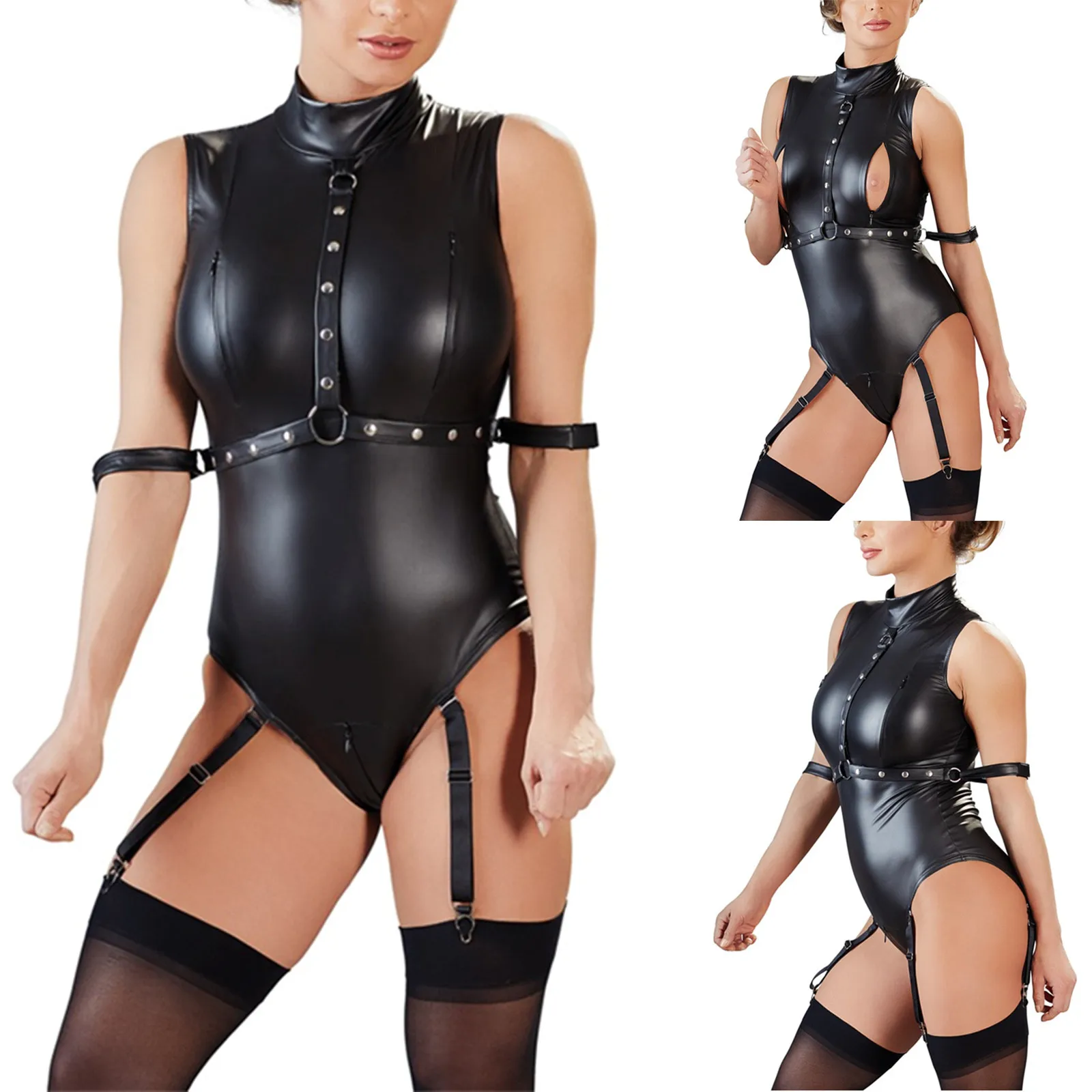 

Women's Sexy Patent Leather Tight Fitting Suspender Jumpsuit Black Sexy One Piece Underwear Sleeveless Erotic Lingeries