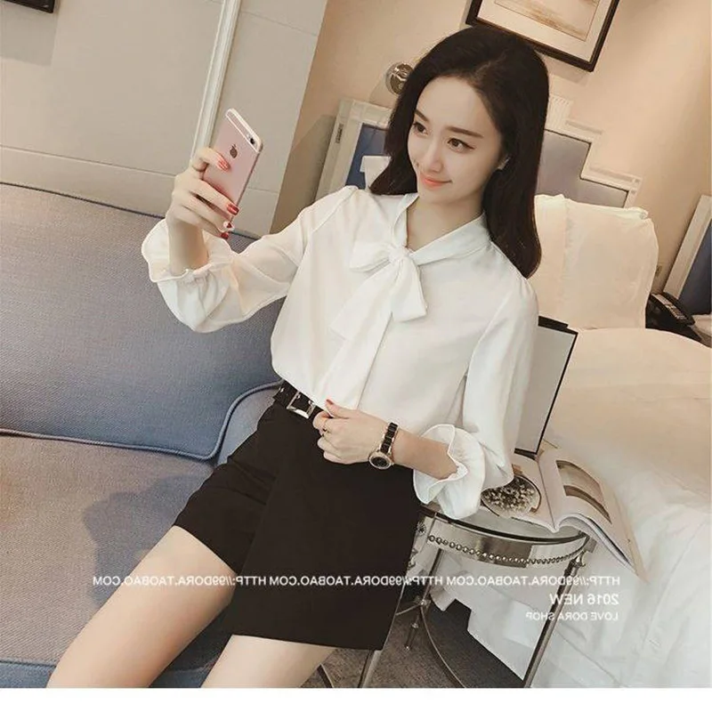 Fashion Bow Spliced Flare Sleeve Oversized Chiffon Shirt 2022 Summer New Casual Tops Loose Elegant Women Clothing Commute Blouse