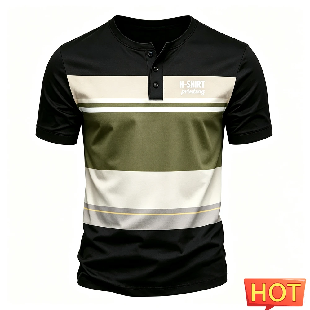Summer Men's Henley Shirt Colorful Stripe Print Button Tops Fashion Henry Collar Short Sleeve Tee Business Casual Loose T-shirts