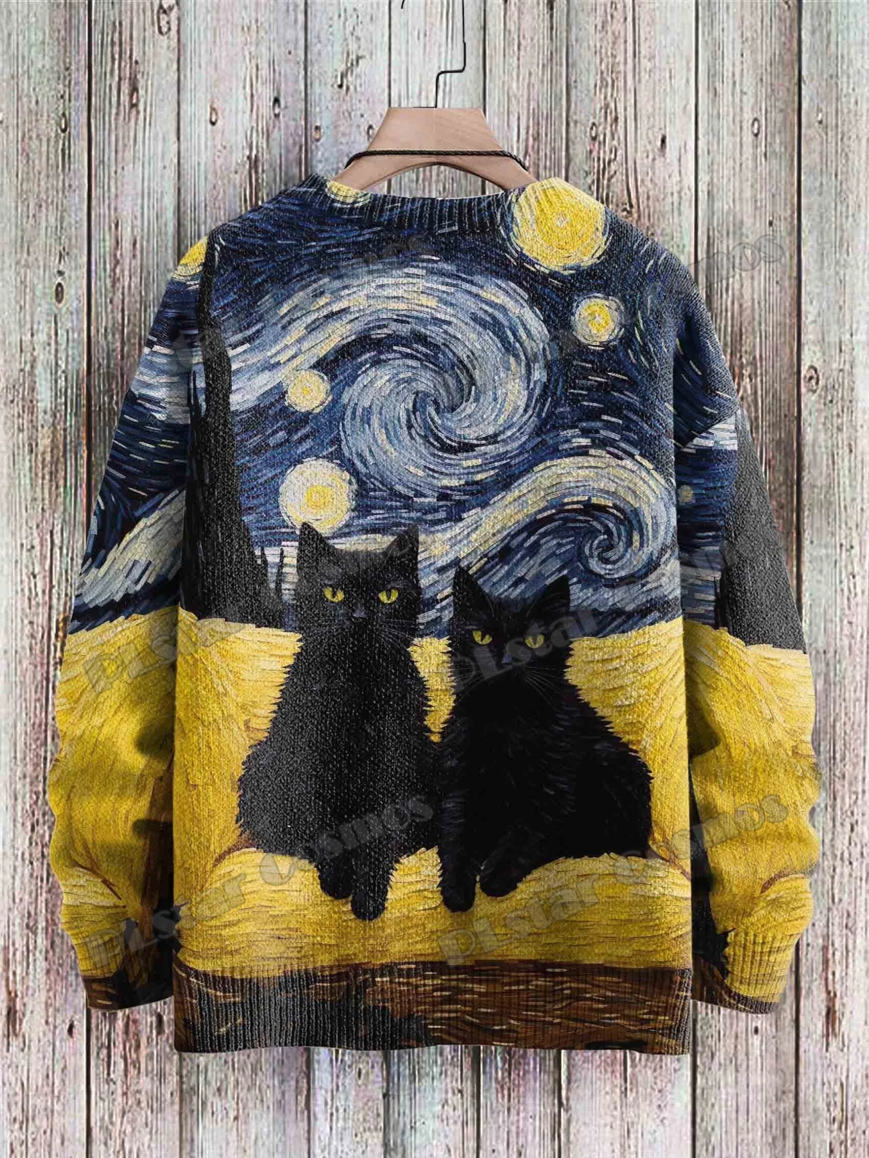 Vintage Cute Cat Abstract Art Pattern 3D Printed Men's O-Neck Knitted Pullover Winter Unisex Casual Knit Pullover Sweater ZZM42