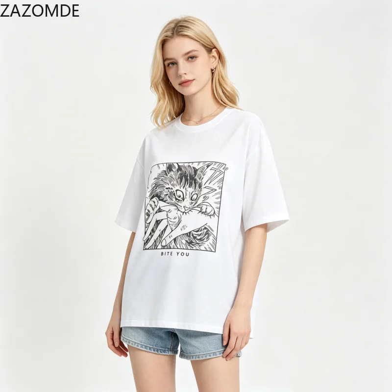ZAZOMDE Vintage Line Art Fierce Cat Bite Hand Print Tshirt Soft Cotton Loose Crew Neck Short Sleeve Retro Punk Daily Wear Tees