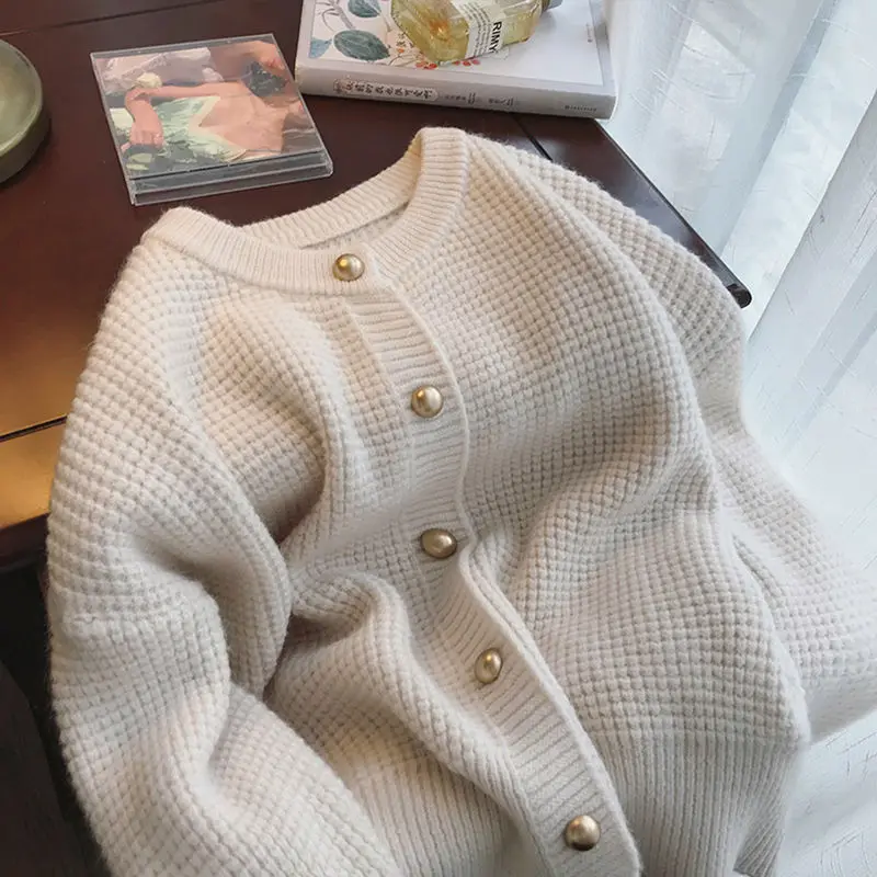 Autumn Winter New Round Neck Long Sleeve Fashion Sweater Women Solid Color Waffler Button Cardigan Elegant All-match Chic Tops