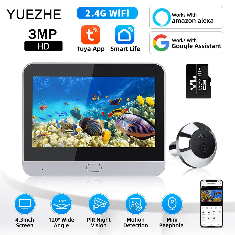 

Yuezhe Smart WiFi 3MP Tuya Video Door Peephole Camera 4.3inch Screen 5000mAh PIR Motion Alarm Alexa Viewer for Home Security