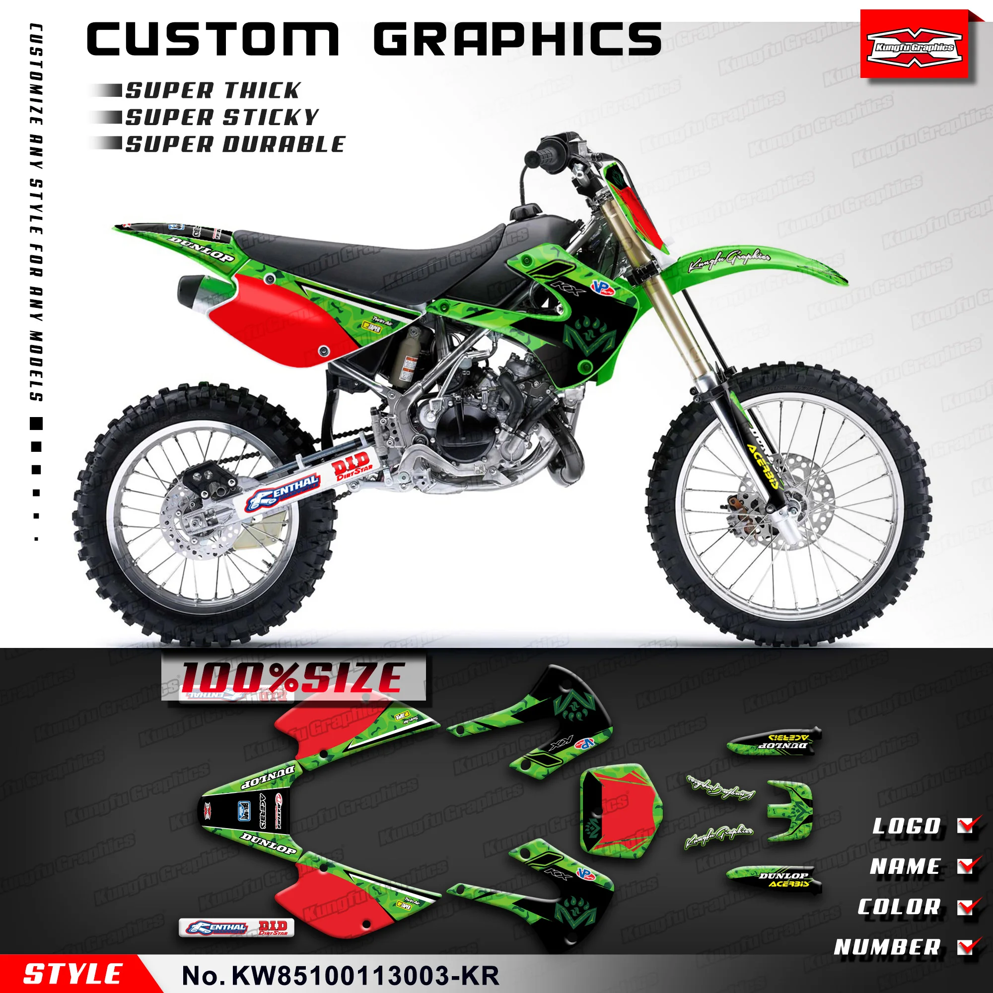 

KUNGFU GRAPHICS Decals Stickers UV-resistant Vinyl Kit for Kawasaki KX 85 100 2001-2013, KW85100113003-KR