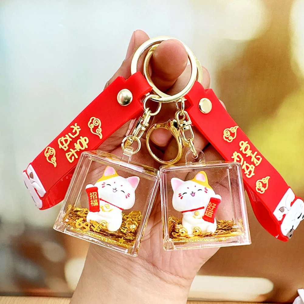 Cute Floating Oil Lucky Cat Keychain Acrylic Transparent Maneki Neko Pendant Floating Bottle Car Keyring Dolls Key Chain Couple