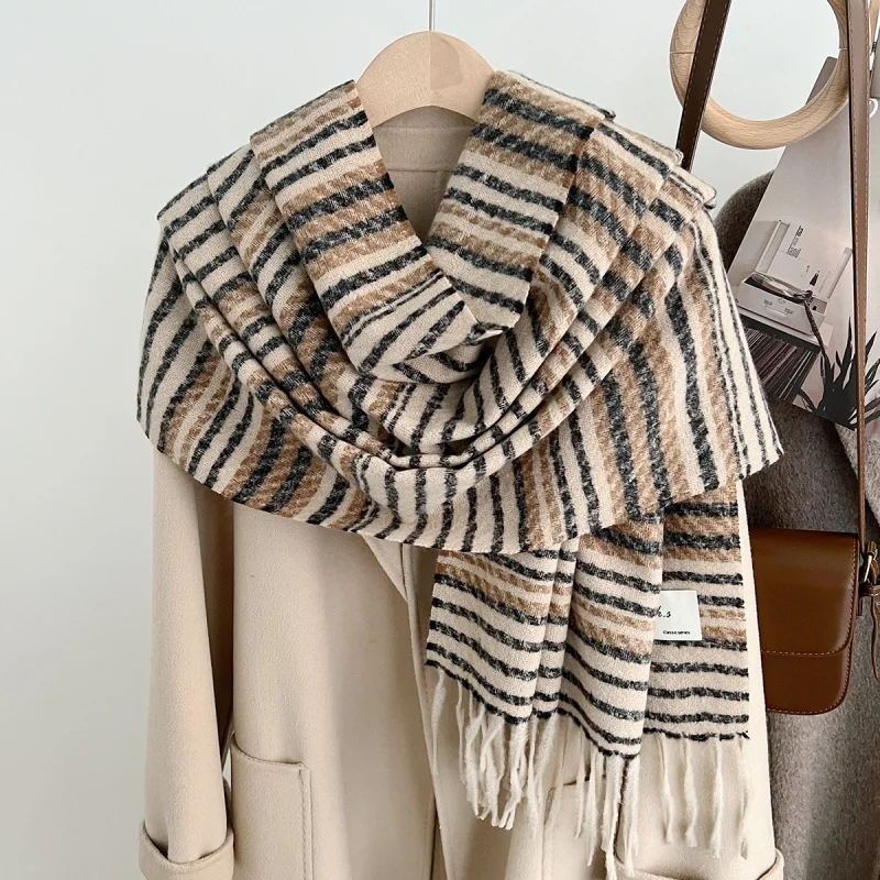 

Осень и зима, новый ретро полосатый длинный шарф из искусственного кашемира, мягкая кисточка, большая шаль, студенческая утеплитель для шеи, унисекс