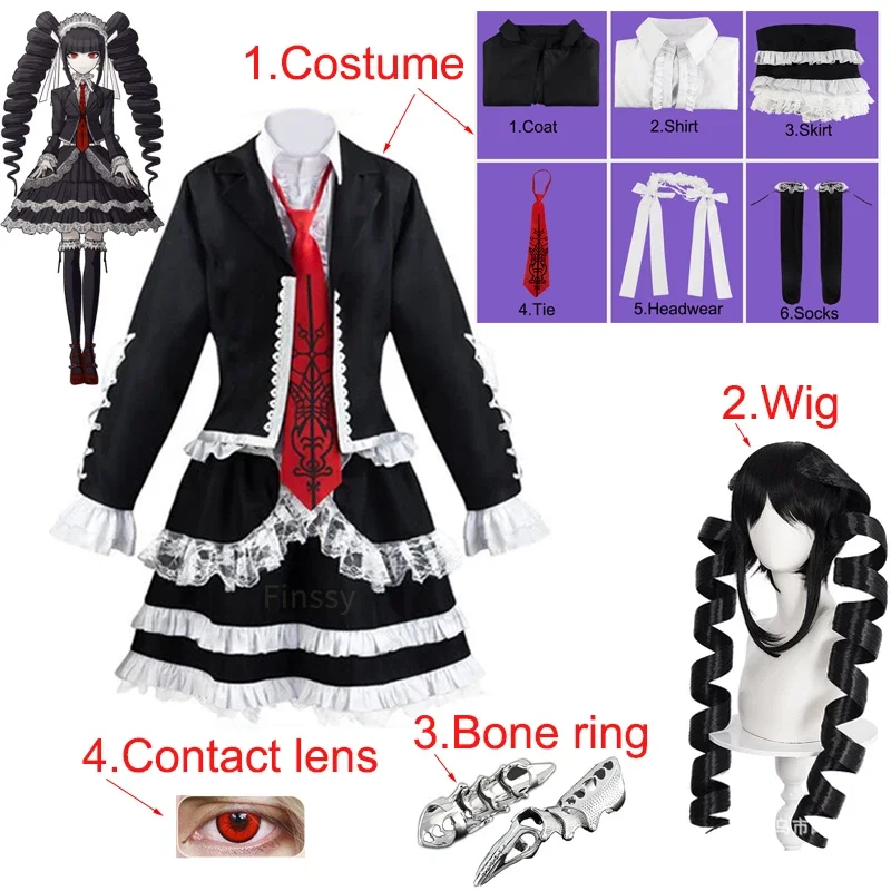 Danganronpa Celestia Ludenberg Cosplay Costume Yasuhiro Taeko Cosplay Wig Metal Bone Ring Clothing Including Tie Socks Shirt PA1