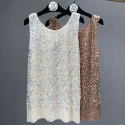 2024 Spring/Summer Sleeveless Loose Tank Top Wear Trend Sequins Glitter Large Size Medium Long Bottoming Shirt Women