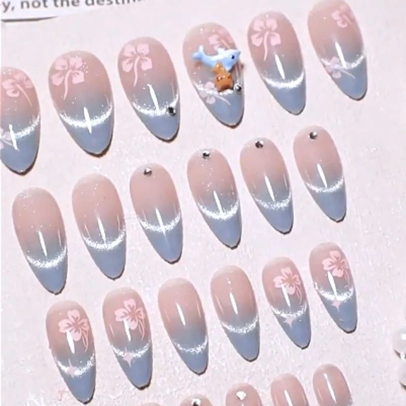 

Shiny Pink Purple Blue Cat Eye Nail Art Glitter Delicate Chic Almond Fake Nails Detachable Finished False Nails Press on Nails