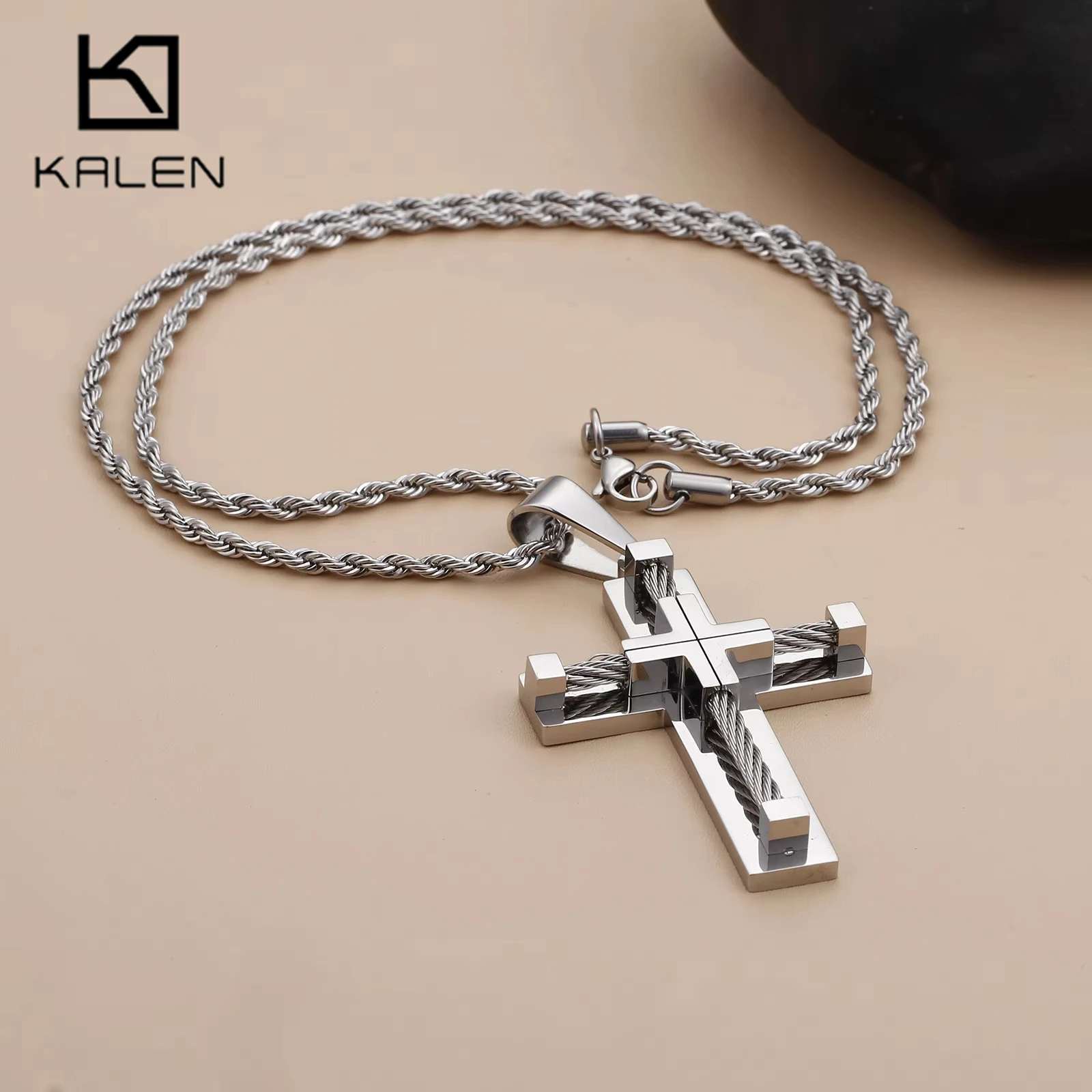 KALEN Hot Stainless Steel Wire Cross Pendant Necklace for Men Punk Male Gifts Metal Cruz Necklaces Jewelry Chunky Accessories