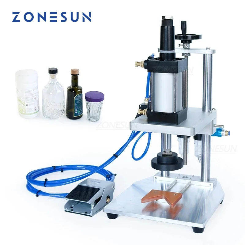 ZONESUN-máquina de prensado de tapa de botella pequeña neumática, ZS-XG70ZC, Crown Capper, leche en polvo, lata, cosméticos