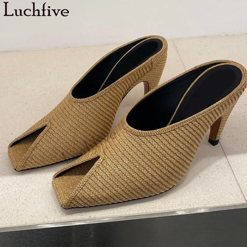 

2024 Summer New Hemp Open Toe High Heels Slippers Women Cotton Fashion Mules Slippers Ethnic Style Sexy Party Slippers Woman